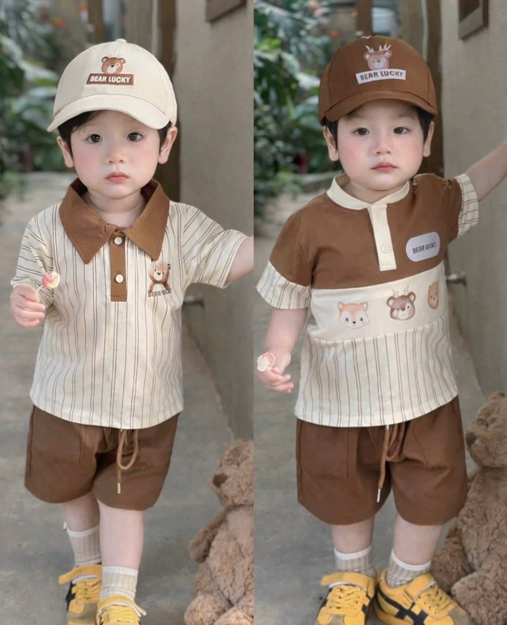 T139 - BỘ ĐÙI BÉ TRAI GẤU NÂU SỌC KÈM MŨ
