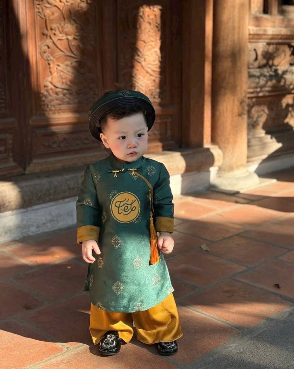 T138 - SET ÁO DÀI BÉ TRAI XANH LÁ THÊU TẾT QUẦN VÀNG