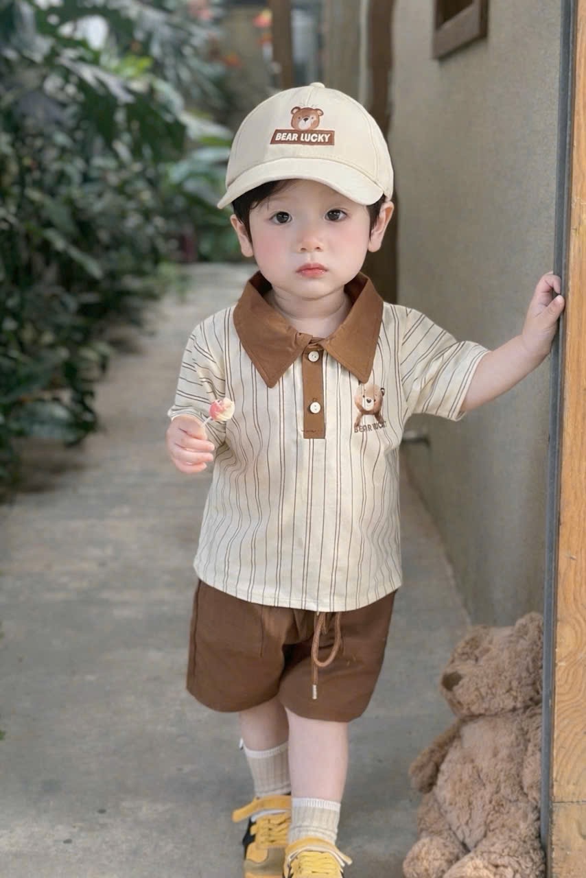 T139 - BỘ ĐÙI BÉ TRAI GẤU NÂU SỌC KÈM MŨ