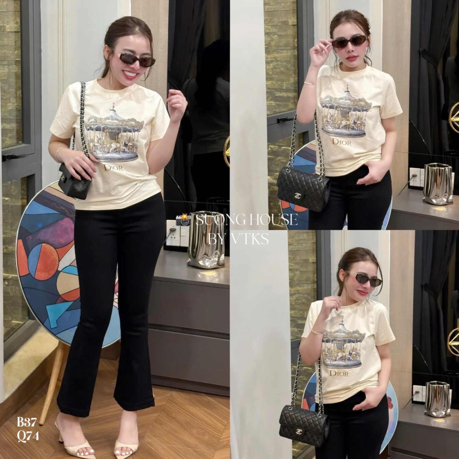 ANU351 - ÁO PHÔNG NỮ MÀU BE VÒNG QUAY DIOR