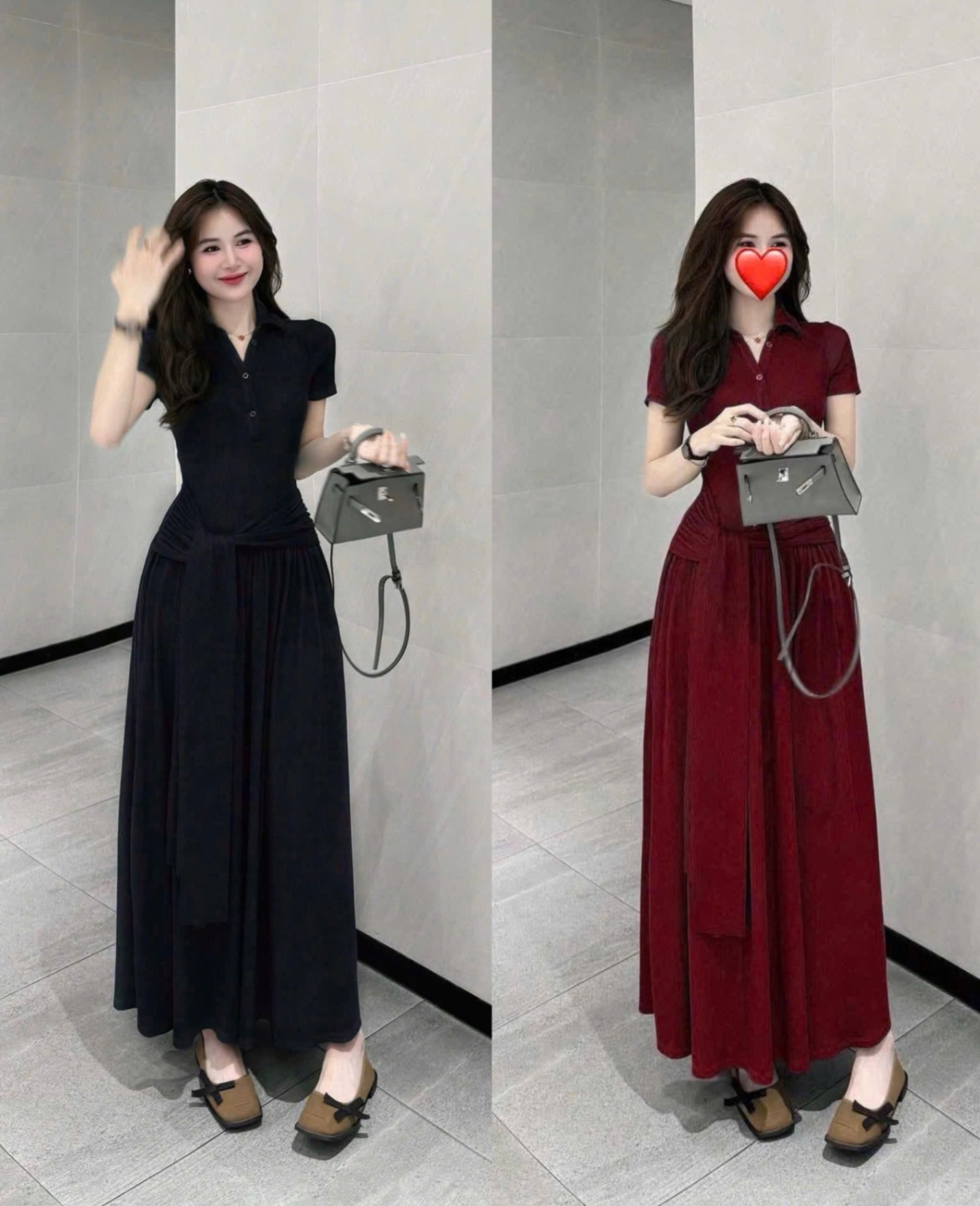 V493 - VÁY TĂM HÀN POLO CỔ V CHIẾT EO DÁNG DÀI
