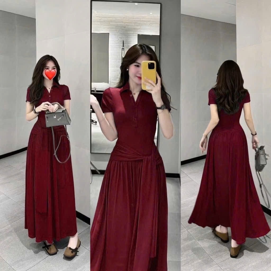 V493 - VÁY TĂM HÀN POLO CỔ V CHIẾT EO DÁNG DÀI