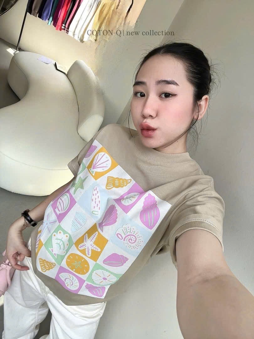 ANU359 - ÁO PHÔNG NỮ NÂU BE IN TO SAO BIỂN