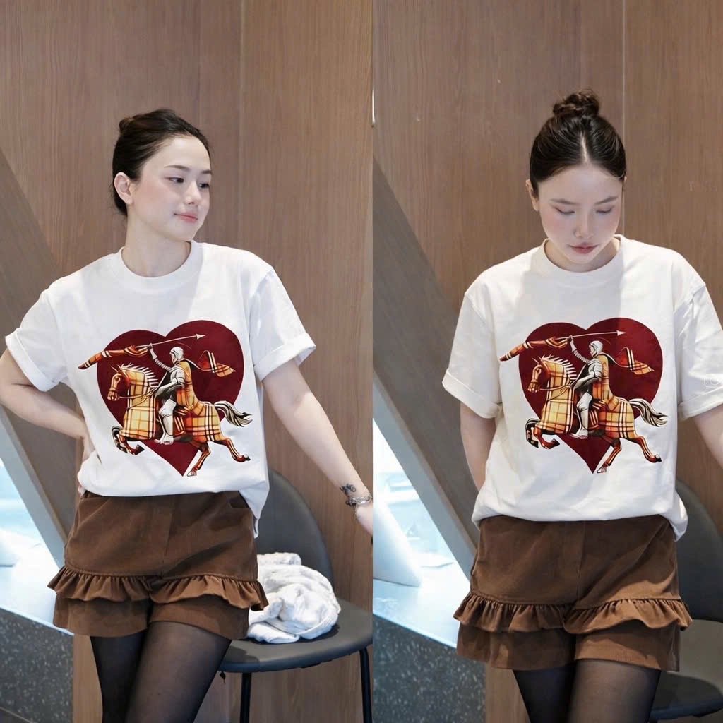 ANU358 - ÁO PHÔNG NỮ TRẮNG NGỰA CARO TIM ĐỎ