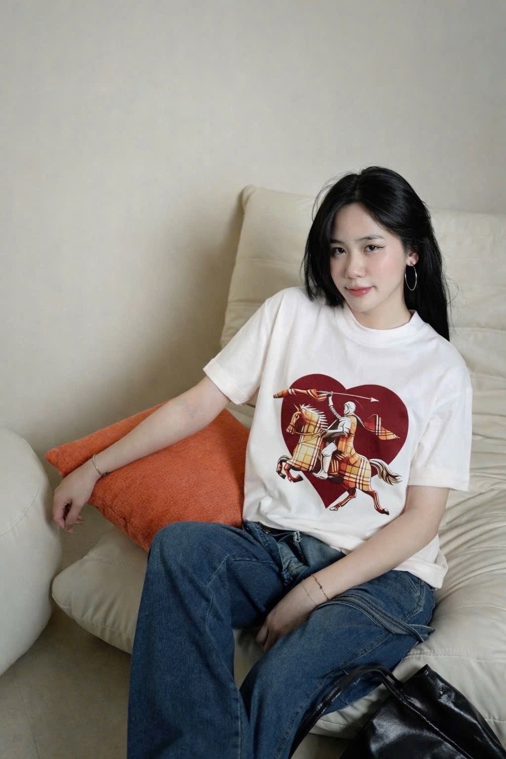 ANU358 - ÁO PHÔNG NỮ TRẮNG NGỰA CARO TIM ĐỎ