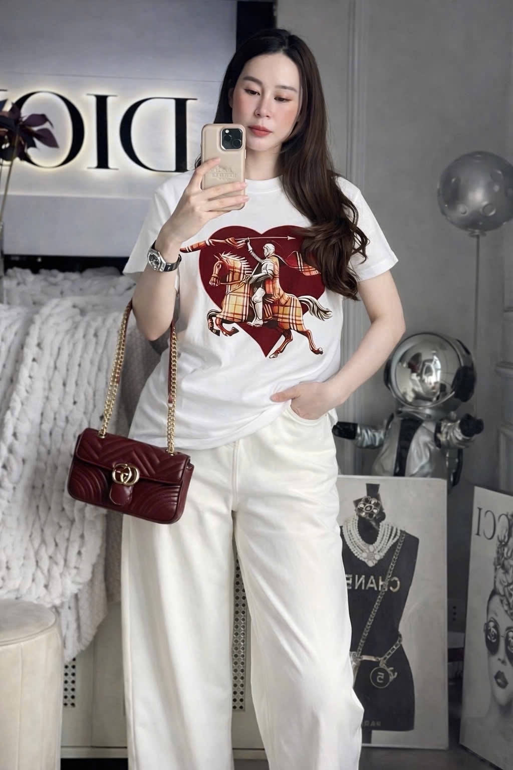 ANU358 - ÁO PHÔNG NỮ TRẮNG NGỰA CARO TIM ĐỎ
