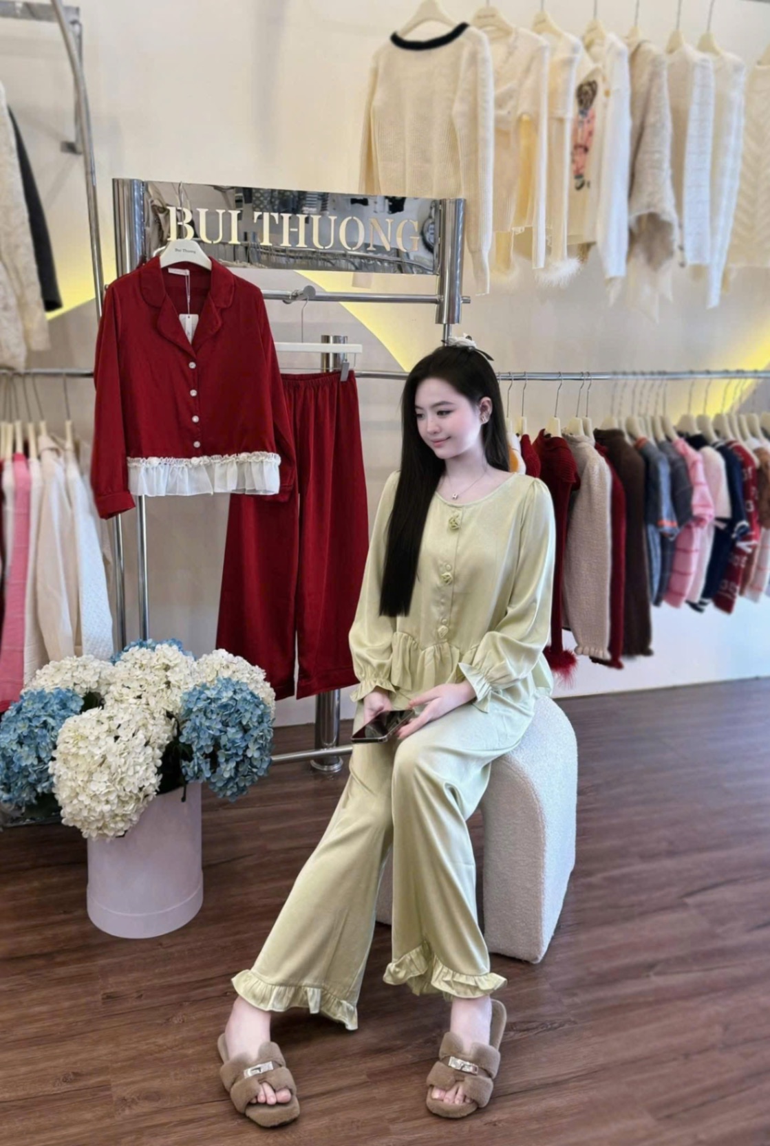 S290 - BỘ PYJAMA NỮ LỤA XANH CỐM BÈO GẤU