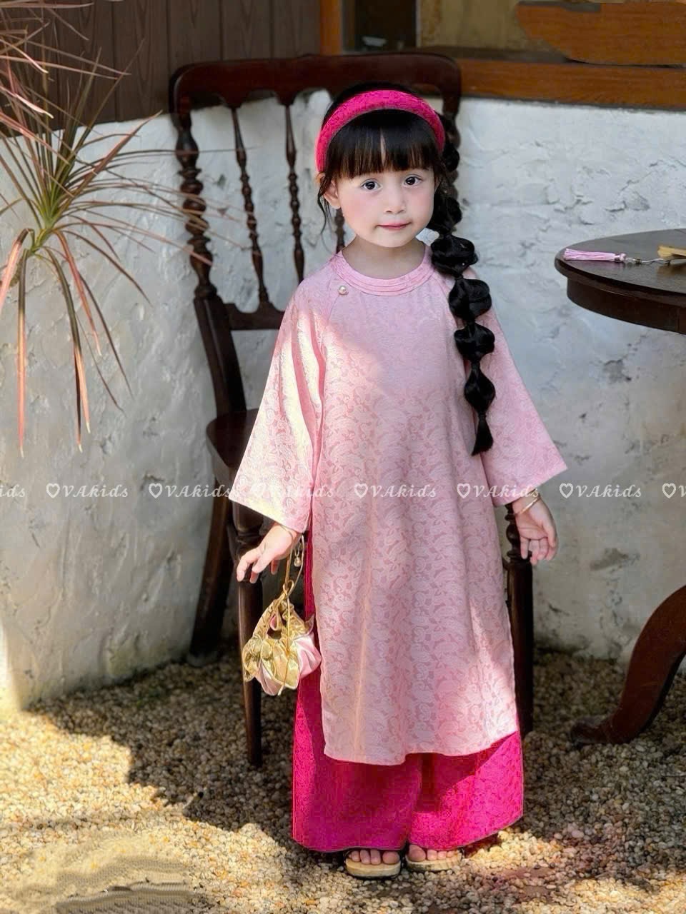 G911 - SET ÁO DÀI BÉ GÁI HỒNG VÂN LÁ QUẦN ĐẬM