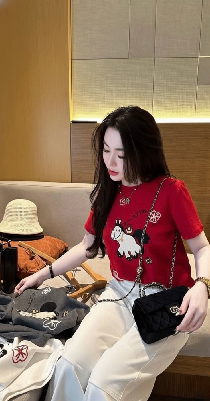 ANU341 - ÁO PHÔNG NỮ ĐỎ IN NGỰA TRẮNG