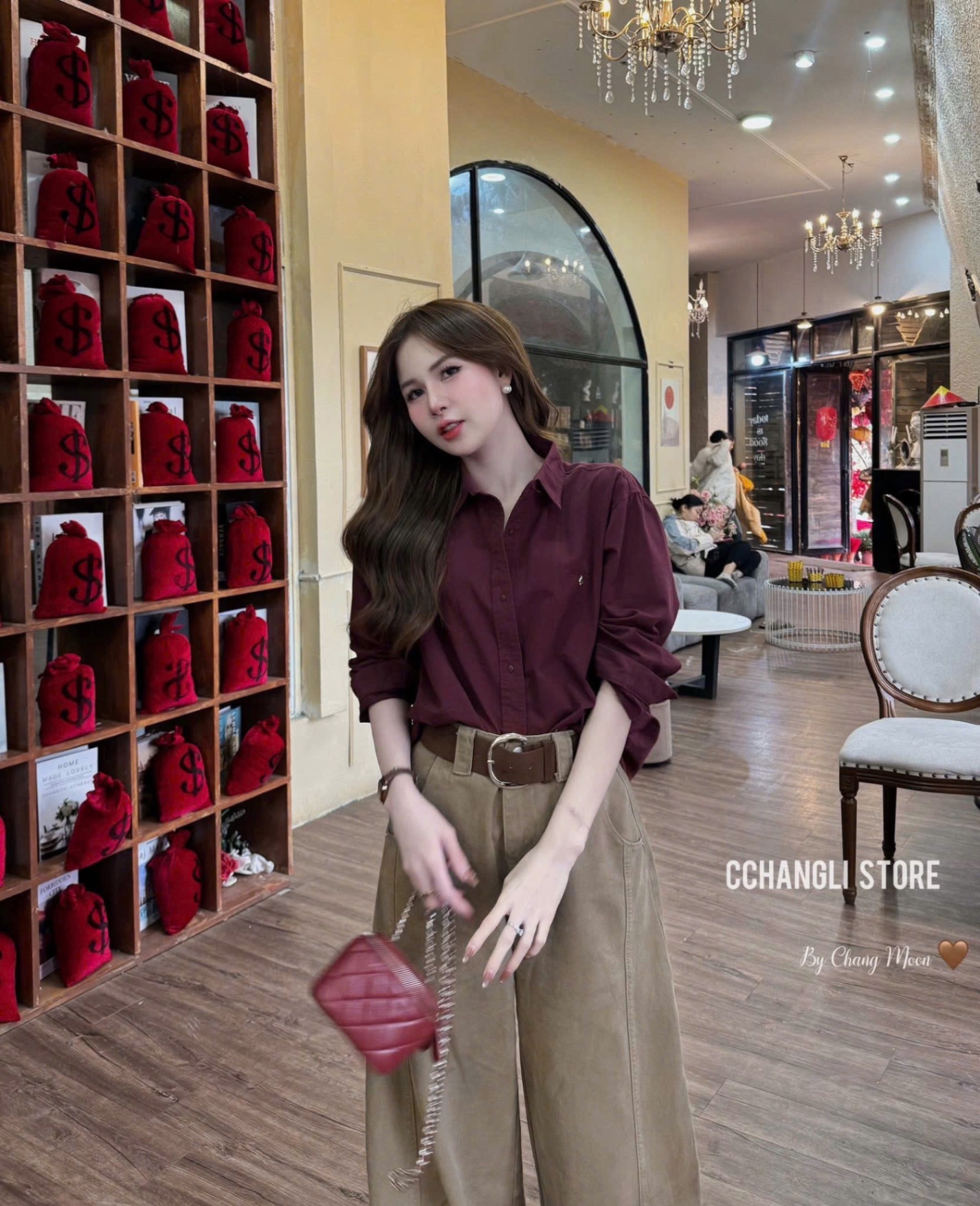 ANU360 - ÁO SƠ MI NỮ ĐỎ MẬN DÀI TAY THÊU Badblood