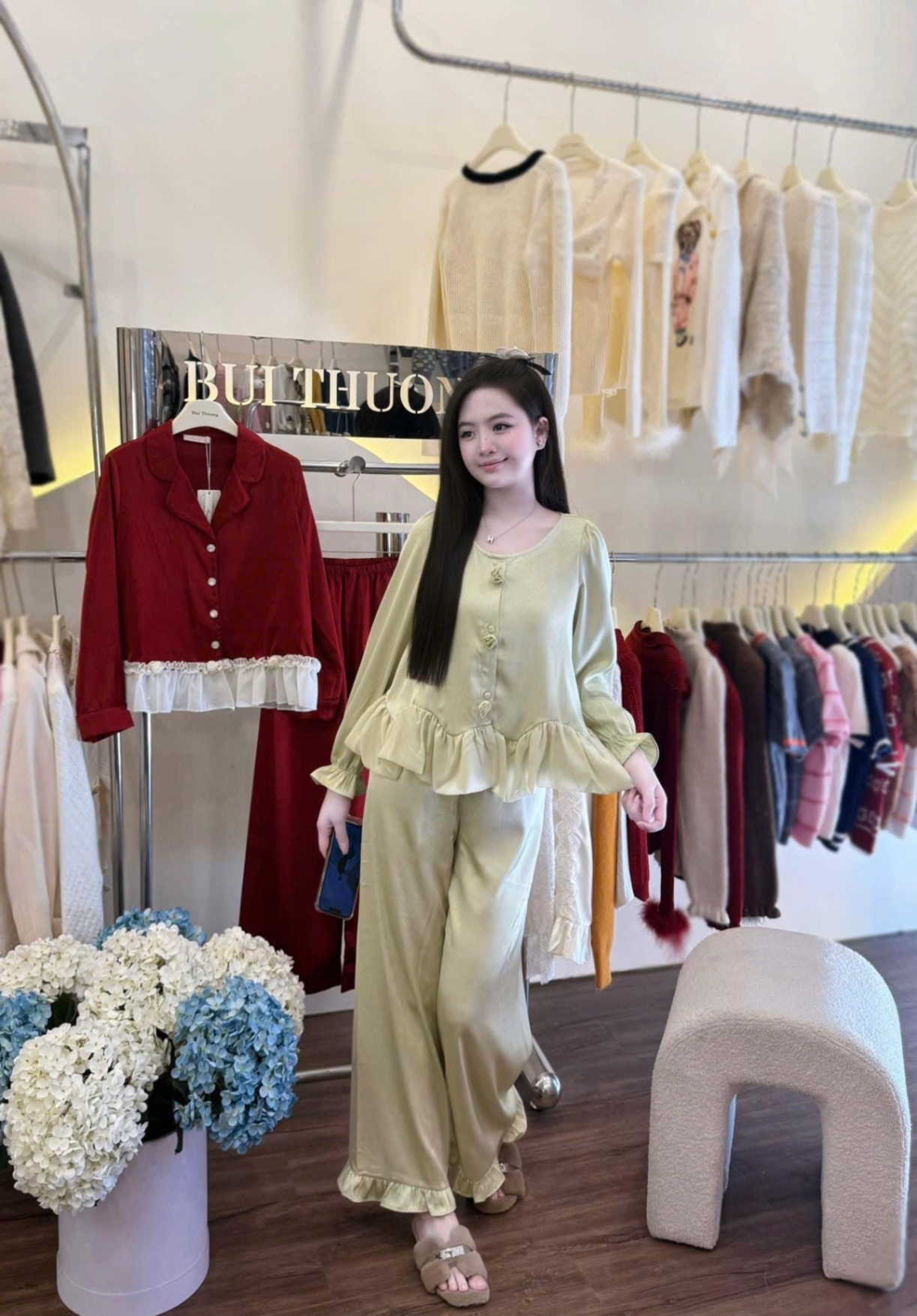 S290 - BỘ PYJAMA NỮ LỤA XANH CỐM BÈO GẤU