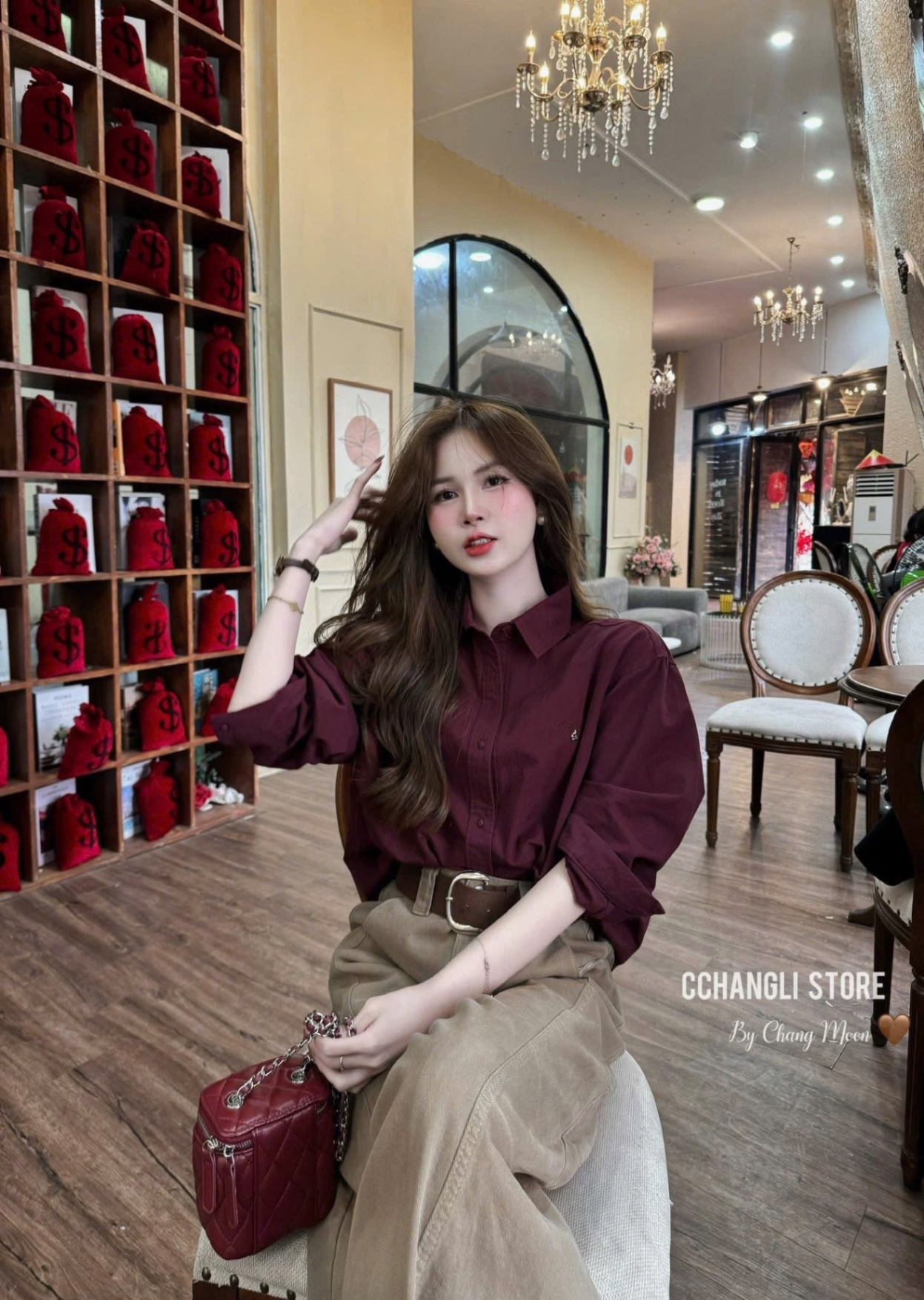 ANU360 - ÁO SƠ MI NỮ ĐỎ MẬN DÀI TAY THÊU Badblood