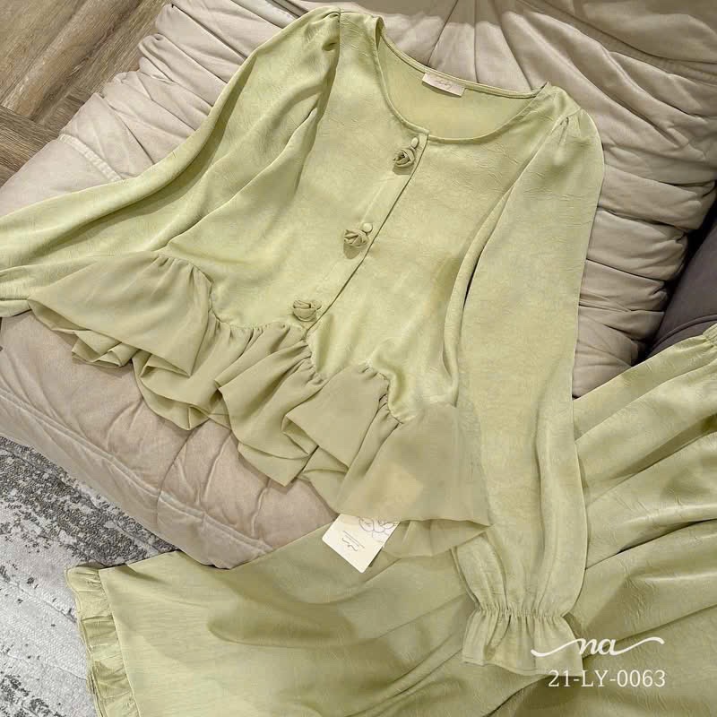 S290 - BỘ PYJAMA NỮ LỤA XANH CỐM BÈO GẤU