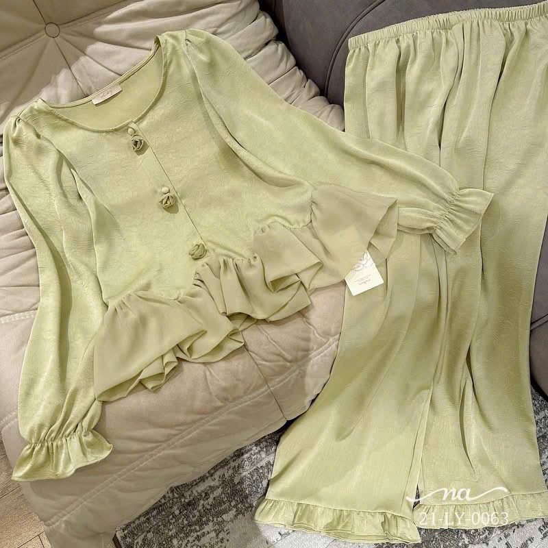 S290 - BỘ PYJAMA NỮ LỤA XANH CỐM BÈO GẤU
