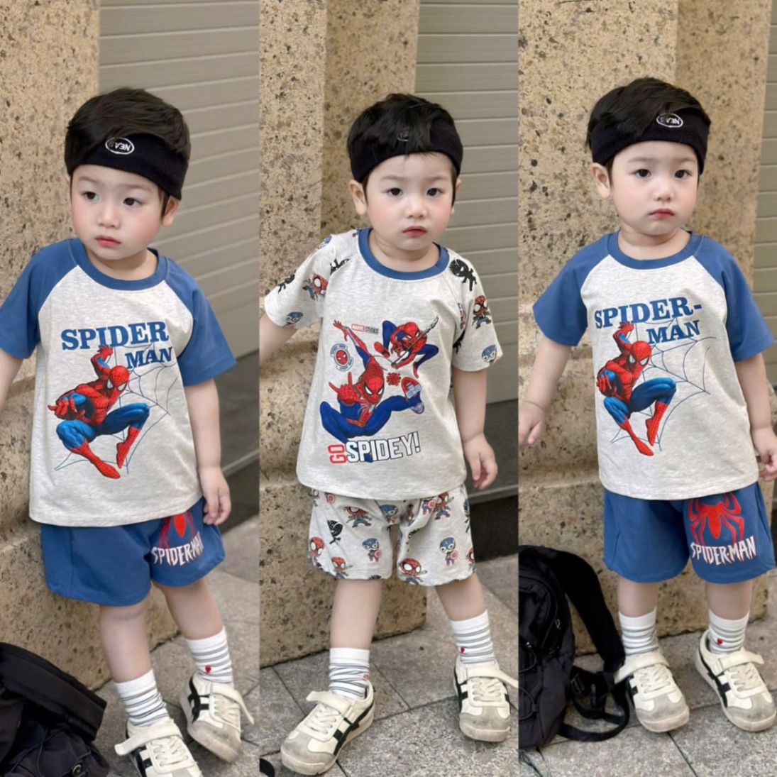 T150 - SET 2 BỘ ĐÙI BÉ TRAI SPIDERMAN PHỐI xanh ghi