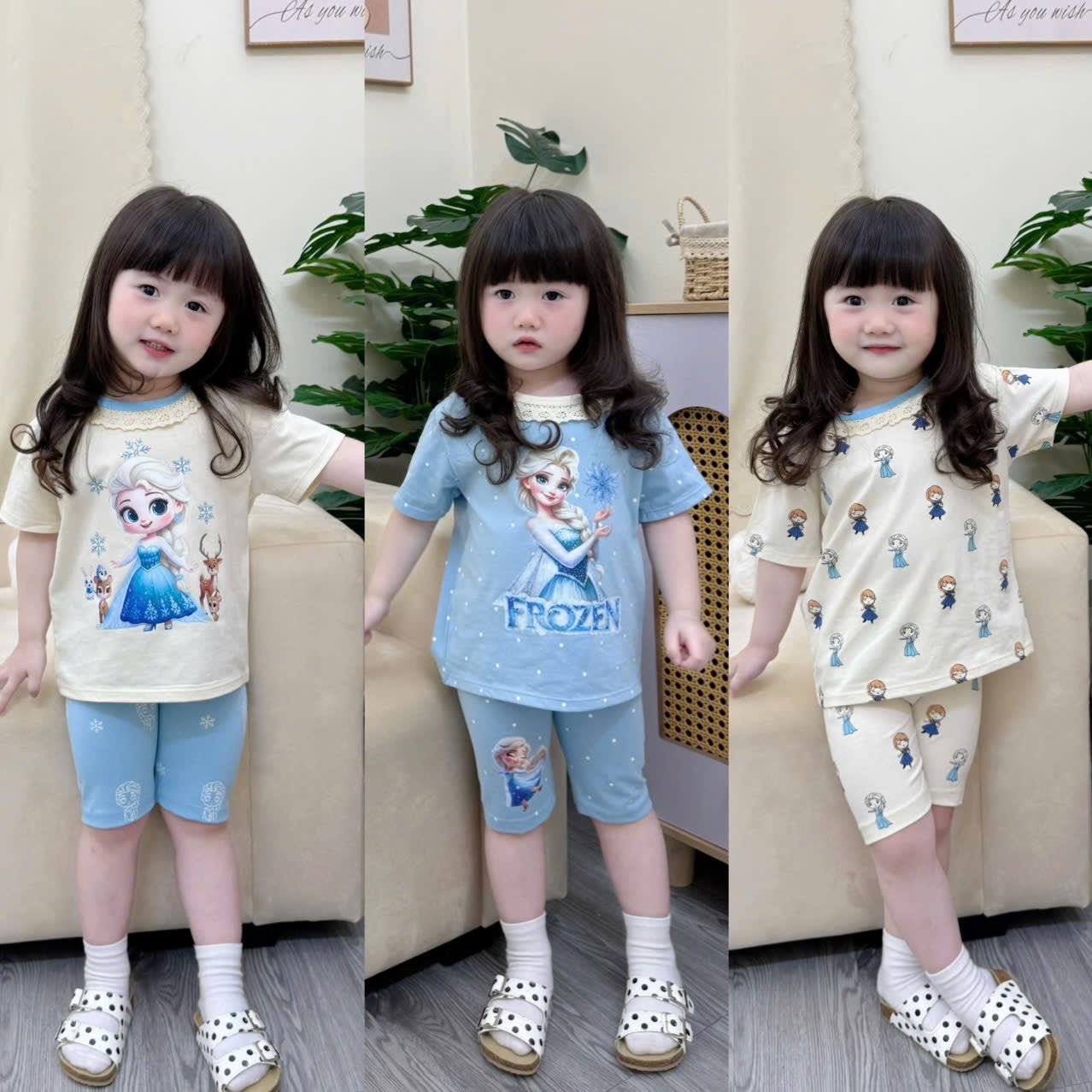 G921 - SET 3 BỘ ĐÙI BÉ GÁI ELSA CỔ REN xanh be