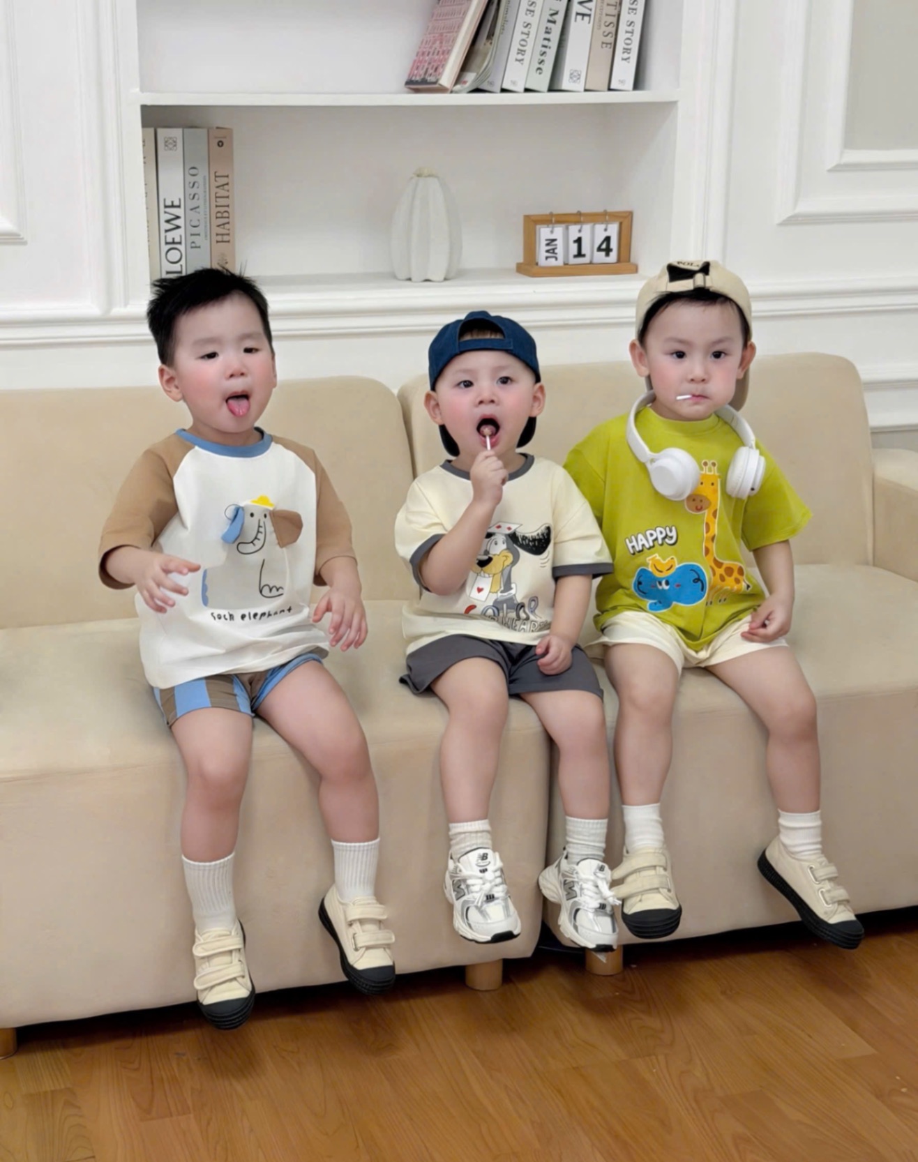 T152 - SET 3 BỘ ĐÙI BÉ TRAI HƯƠU VOI CHÓ xanh be trắng