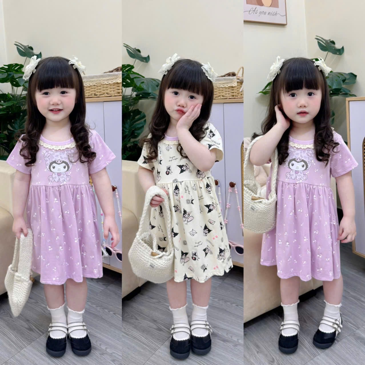 VB561 - SET 2 VÁY BÉ GÁI KUROMI CỔ REN tím be