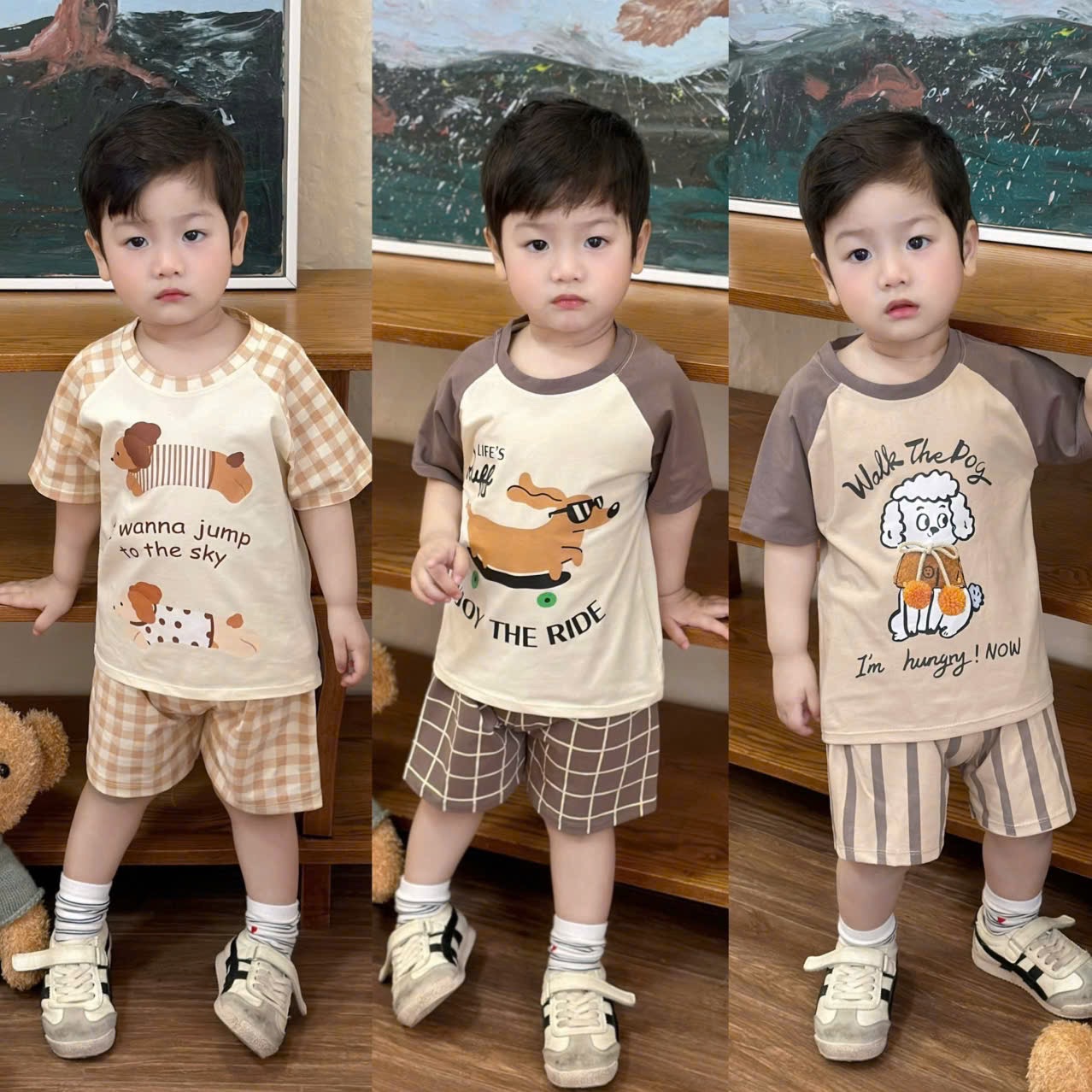 T155 - SET 3 BỘ ĐÙI BÉ TRAI CHÓ PUPPY nâu be caro