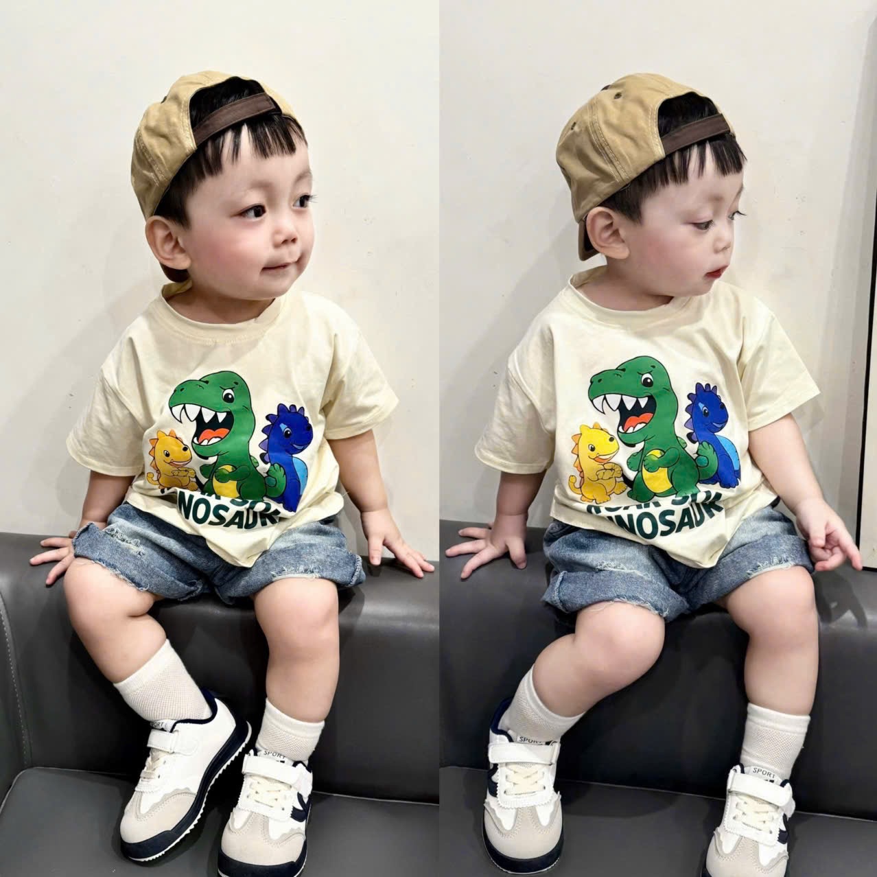 T154 - BỘ ĐÙI BÉ TRAI ÁO BE KHỦNG LONG QUẦN BÒ