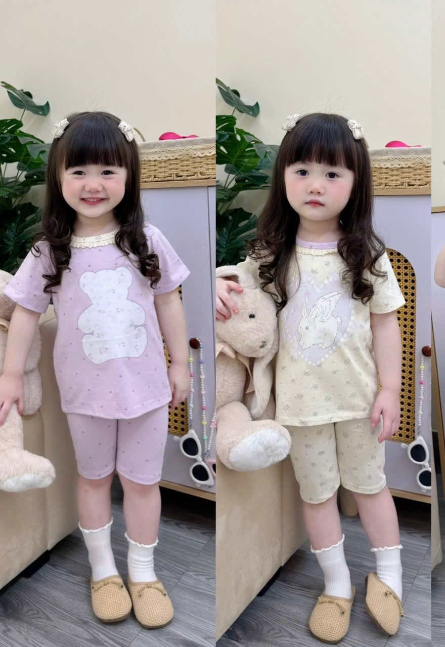 G925 - SET 2 BỘ ĐÙI BÉ GÁI GẤU THỎ CỔ REN tím be