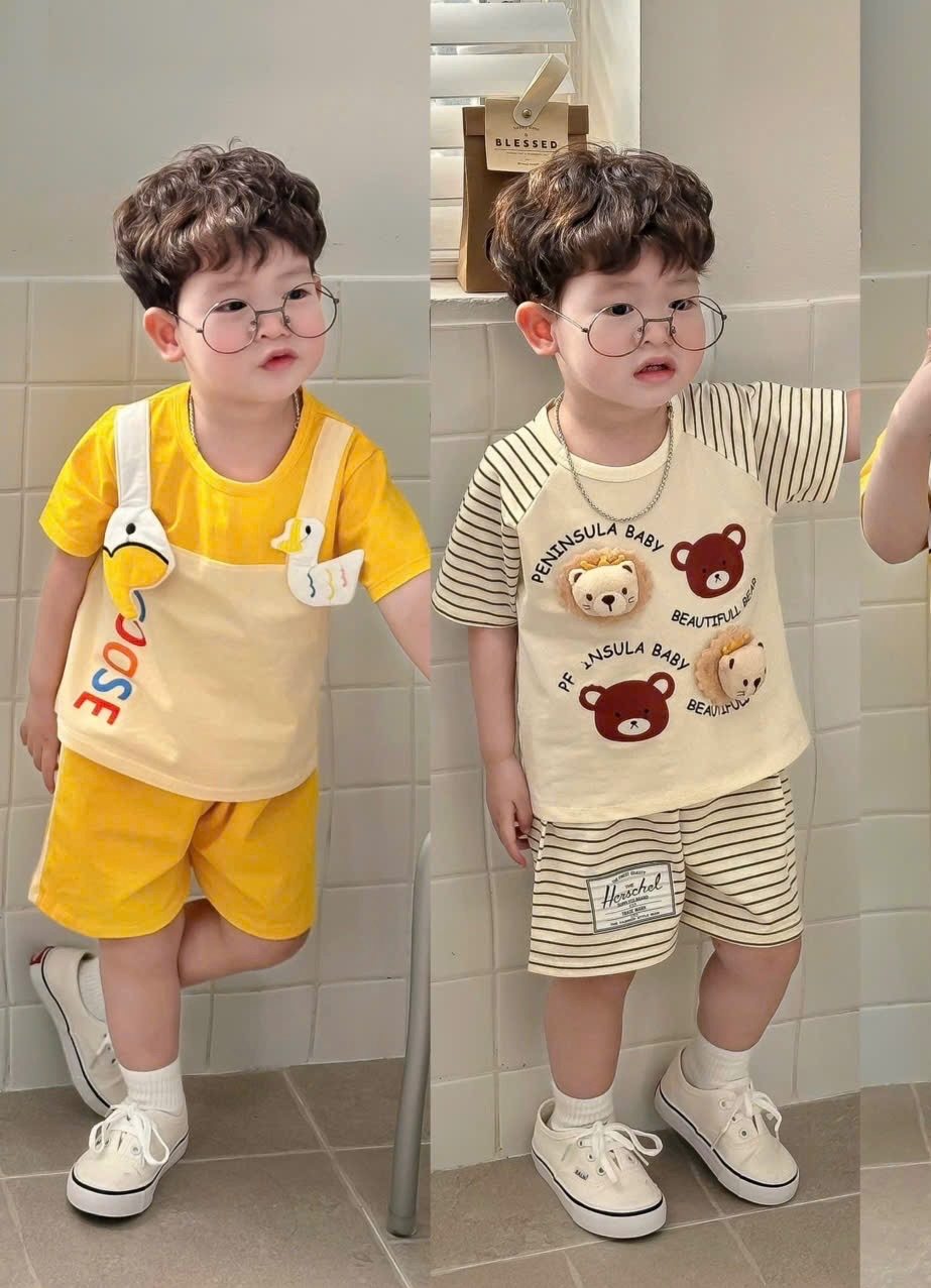 T156 - SET 2 BỘ ĐÙI BÉ TRAI VỊT GẤU NỔI PHỐI VÀNG KẺ