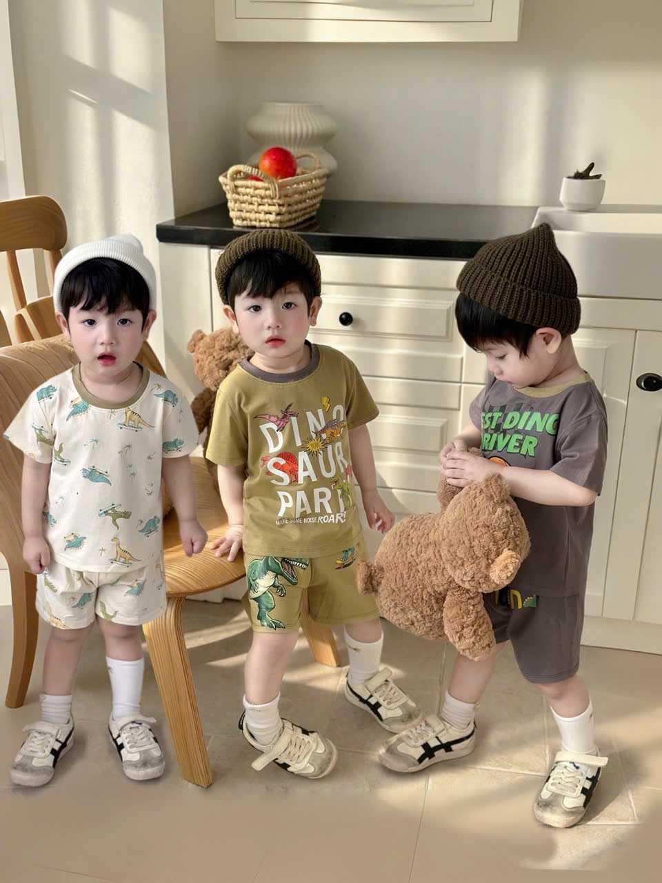 T158 - SET 3 BỘ ĐÙI BÉ TRAI KHỦNG LONG DINO xám rêu be
