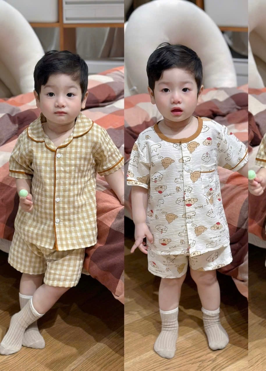 T157 - SET 2 BỘ ĐÙI BÉ TRAI PYJAMA CHÓ PUPPY kẻ vàng trắng