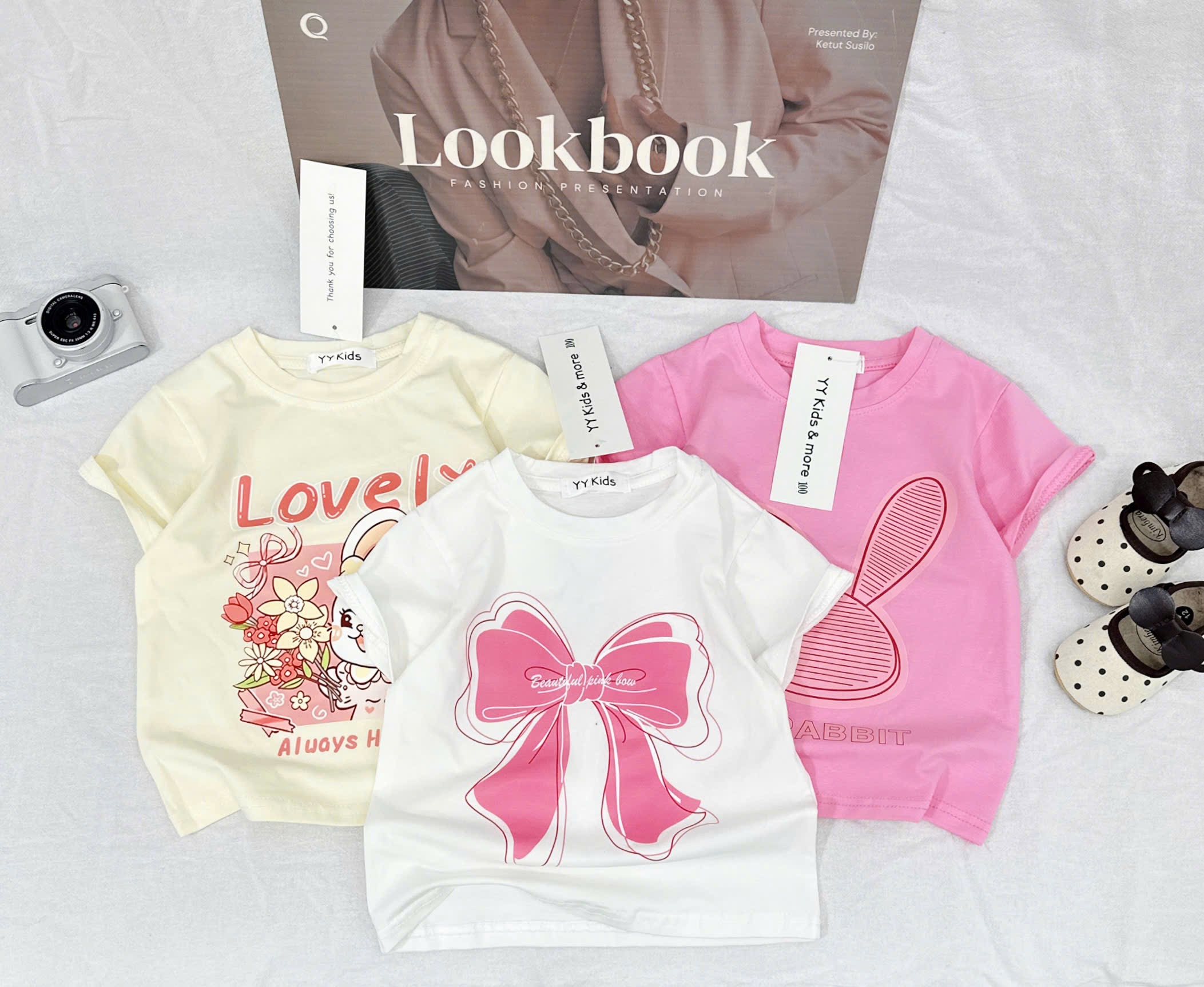 AB886 - SET 3 ÁO PHÔNG BÉ GÁI THỎ NƠ LOVELY hồng be trắng