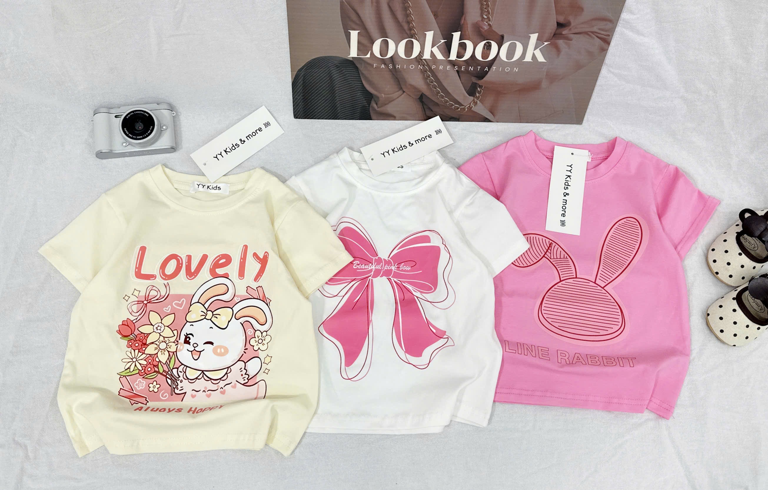 AB886 - SET 3 ÁO PHÔNG BÉ GÁI THỎ NƠ LOVELY hồng be trắng