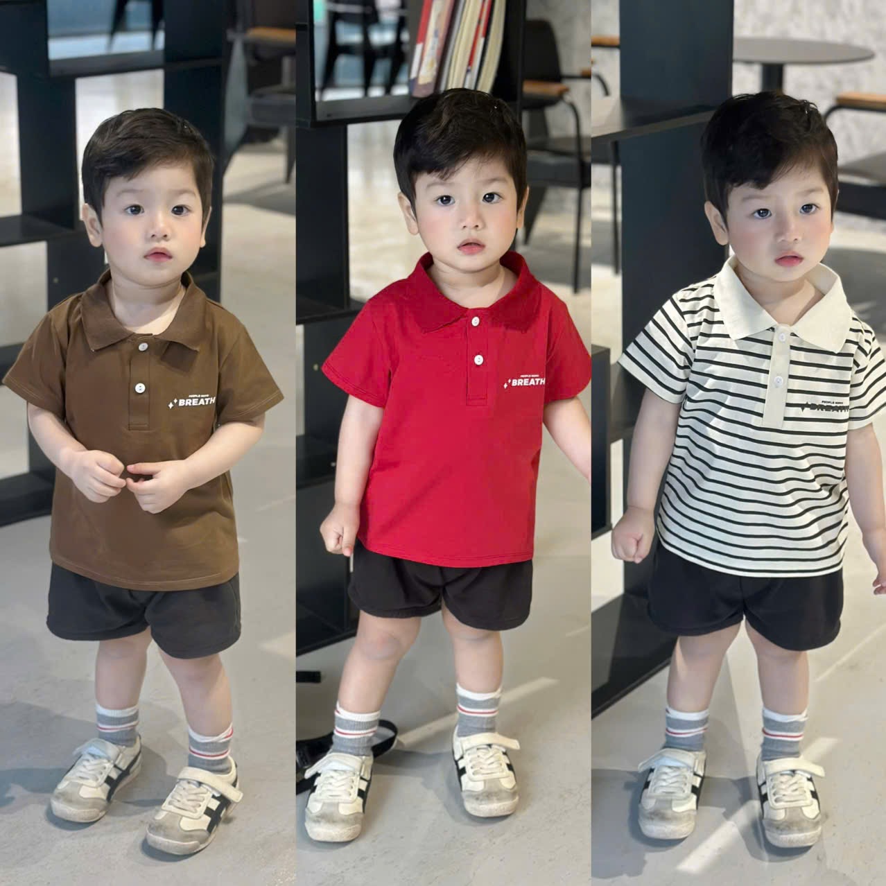 AB891 - SET 3 ÁO BÉ TRAI POLO CỘC BREATH nâu đỏ kẻ