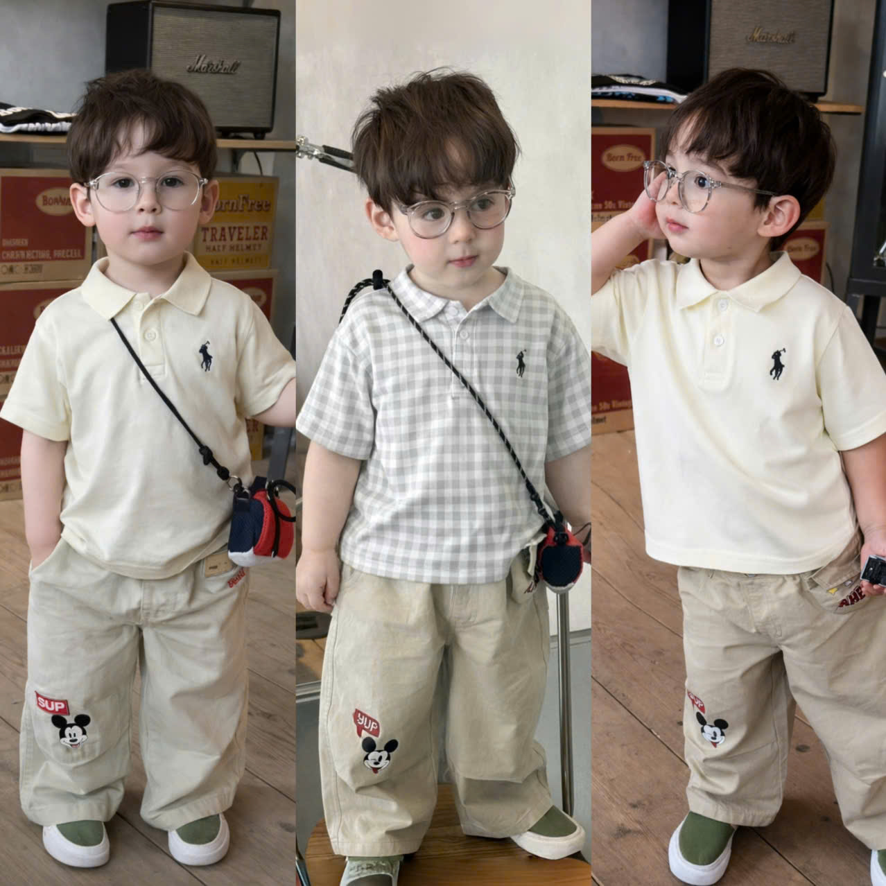 AB896 - SET 3 ÁO POLO BÉ TRAI KỊ SĨ nâu kẻ chấm bi
