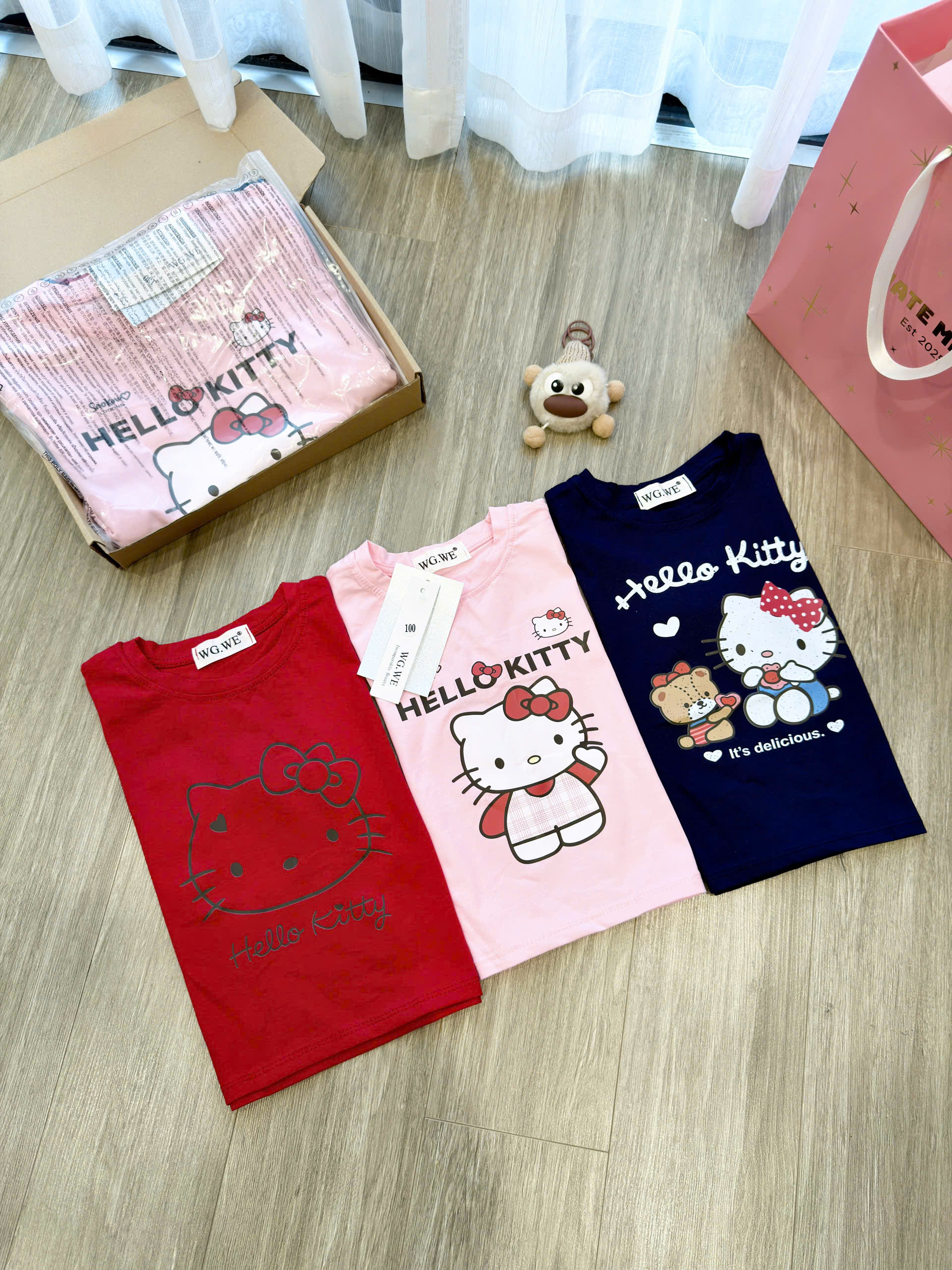 AB902 - SET 3 ÁO BÉ GÁI CỘC TAY HELLO KITTY than đỏ hồng