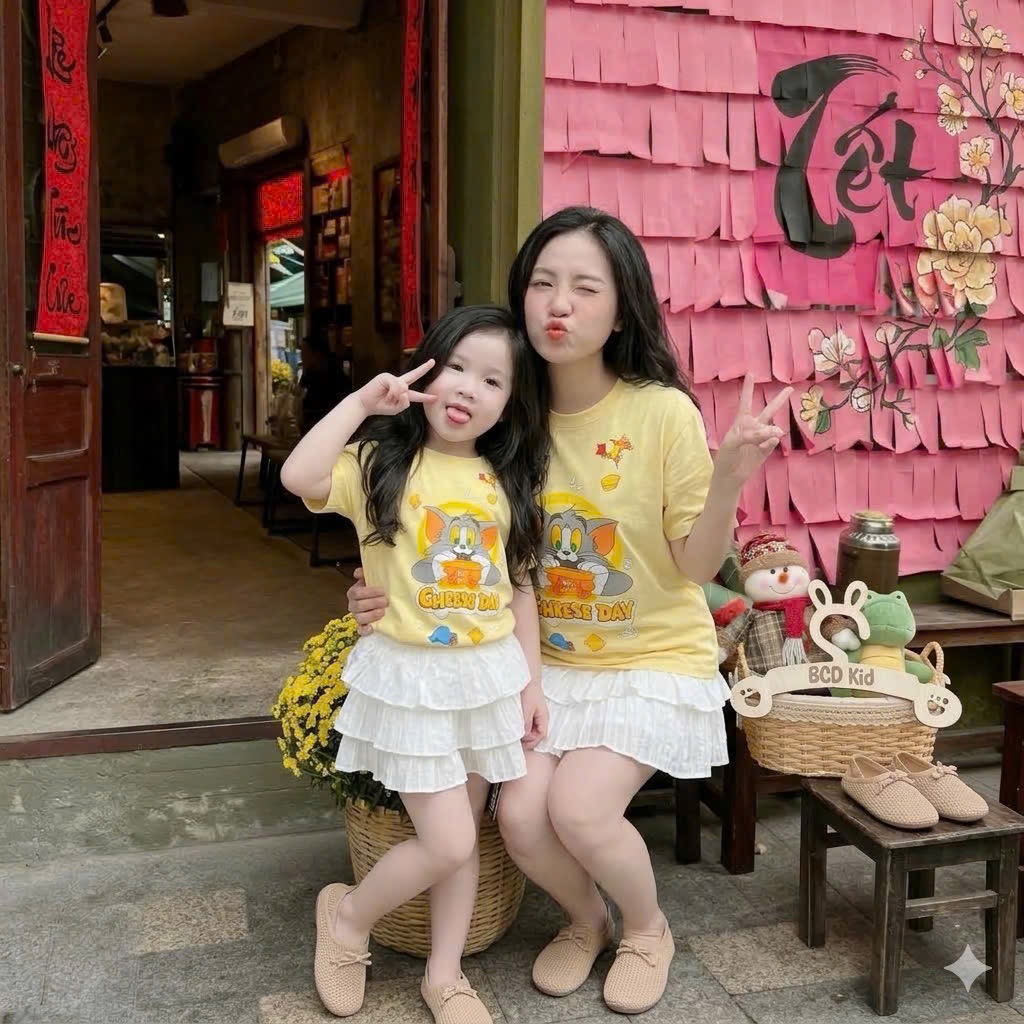 AB904 - ÁO PHÔNG ĐÔI MẸ BÉ VÀNG TOM JERRY CHEESE DAY