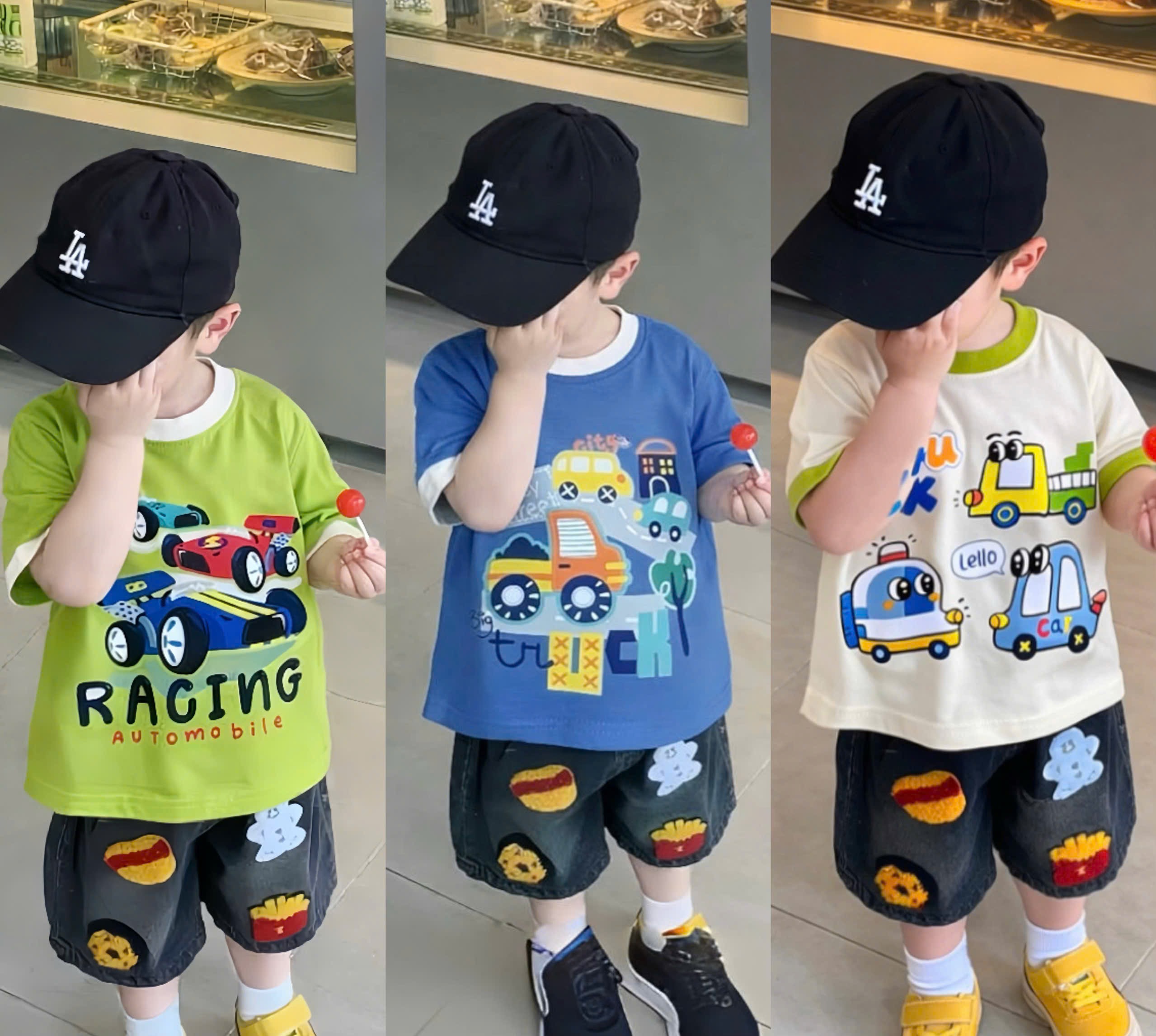 AB905 - SET 3 ÁO BÉ TRAI CỘC OTO xanh dương cốm trắng