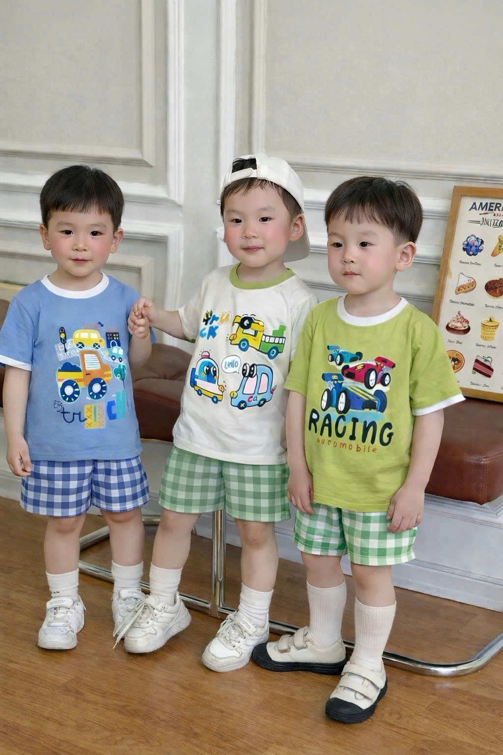 AB905 - SET 3 ÁO BÉ TRAI CỘC OTO xanh dương cốm trắng