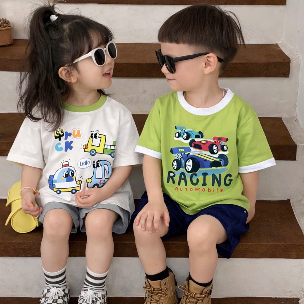 AB905 - SET 3 ÁO BÉ TRAI CỘC OTO xanh dương cốm trắng
