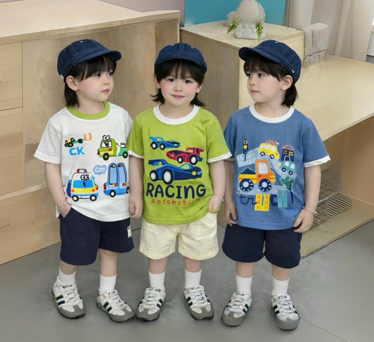 AB905 - SET 3 ÁO BÉ TRAI CỘC OTO xanh dương cốm trắng