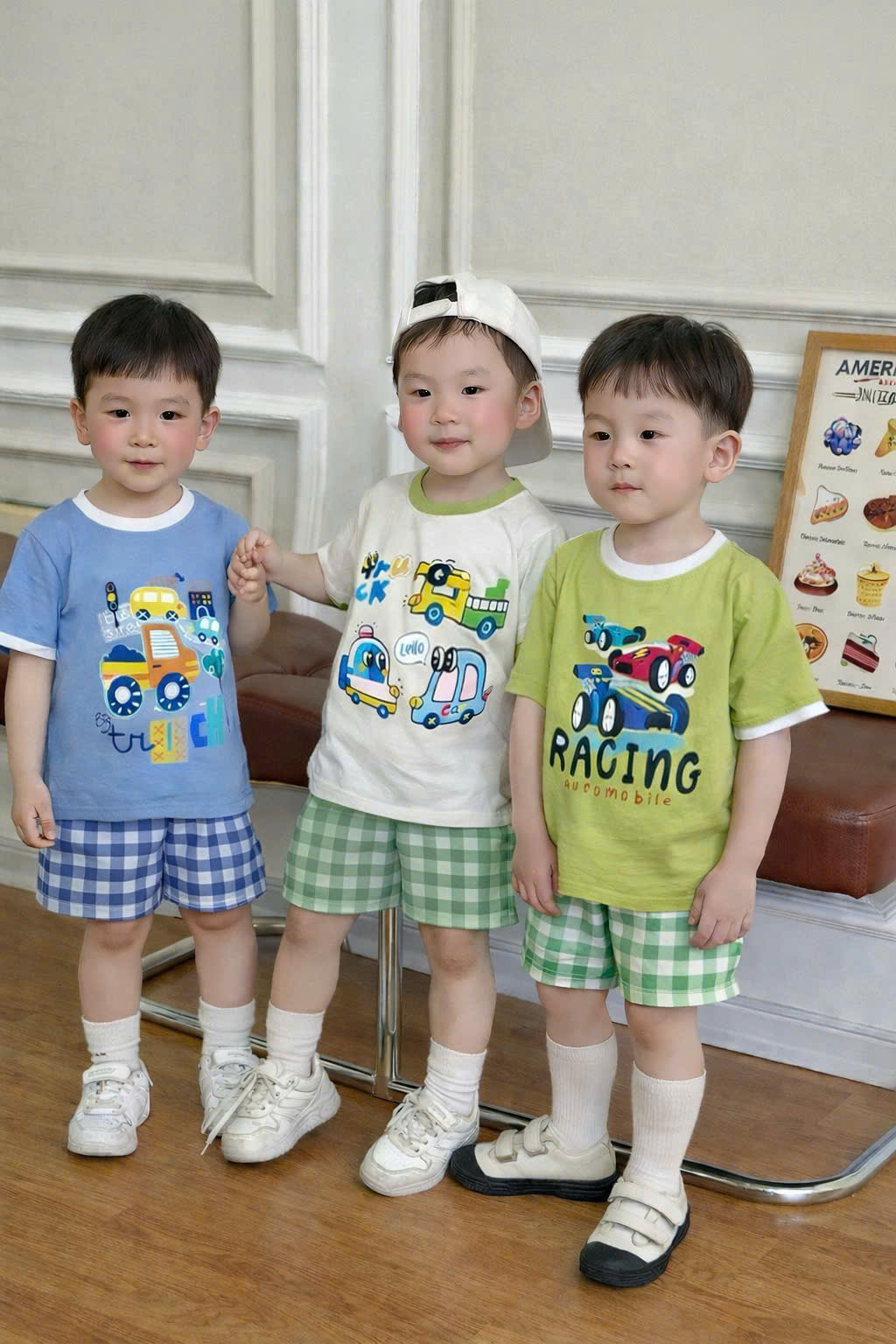 AB905 - SET 3 ÁO BÉ TRAI CỘC OTO xanh dương cốm trắng