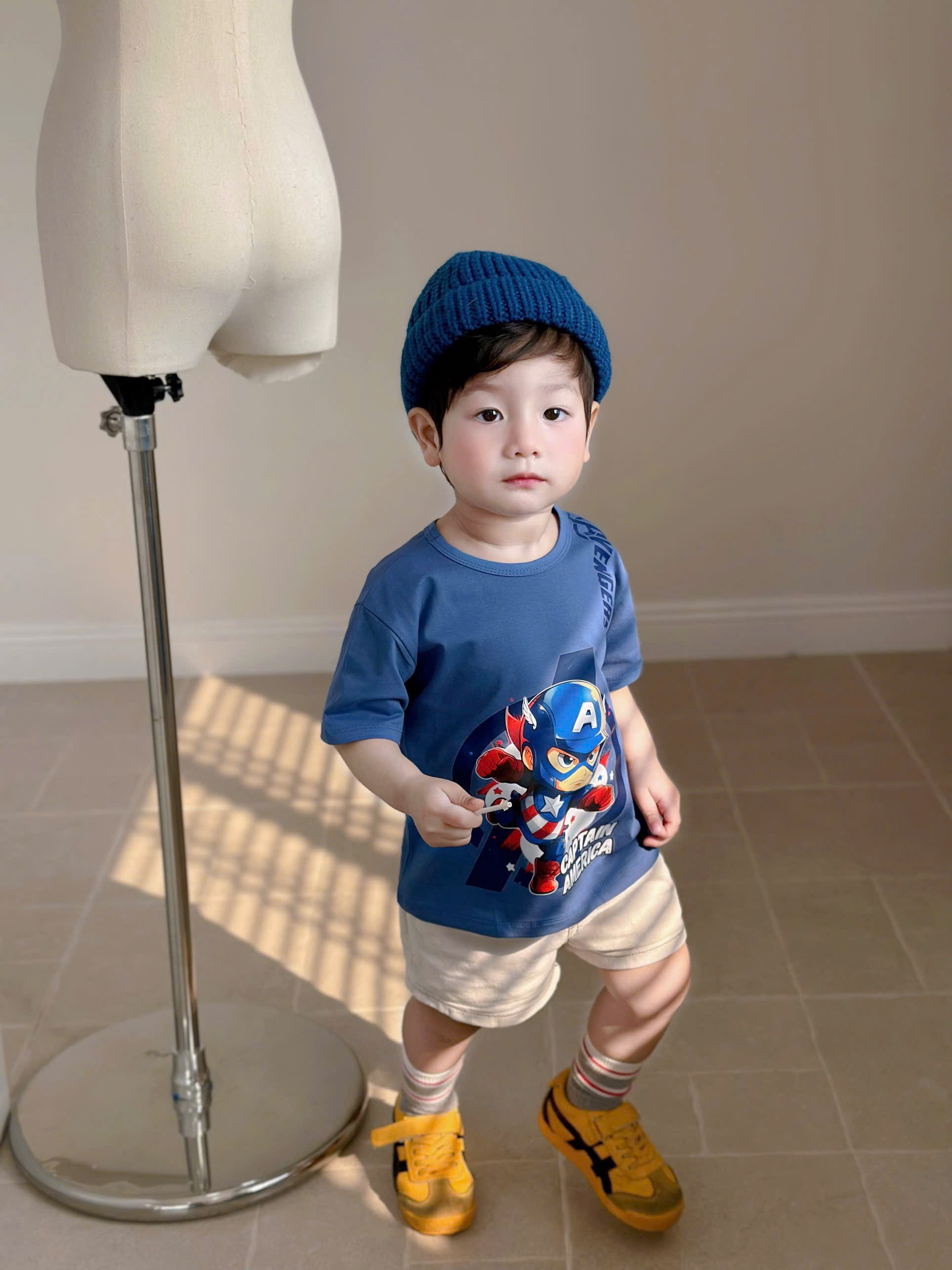 AB906 - SET 4 ÁO PHÔNG BÉ TRAI SIÊU NHÂN xanh dương đỏ xám be