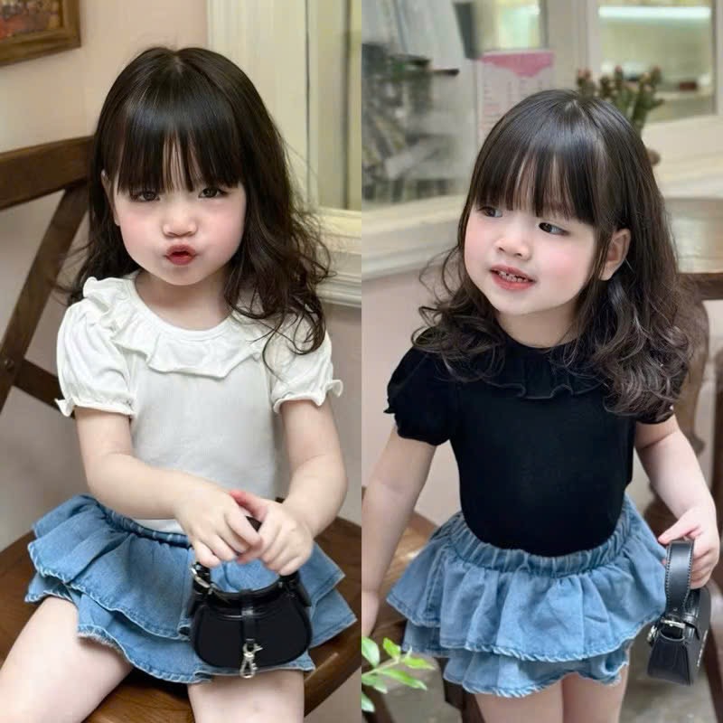 AB908 - SET 2 ÁO BÉ GÁI LEN TĂM CỔ BÈO đen trắng
