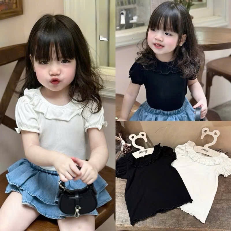 AB908 - SET 2 ÁO BÉ GÁI LEN TĂM CỔ BÈO đen trắng