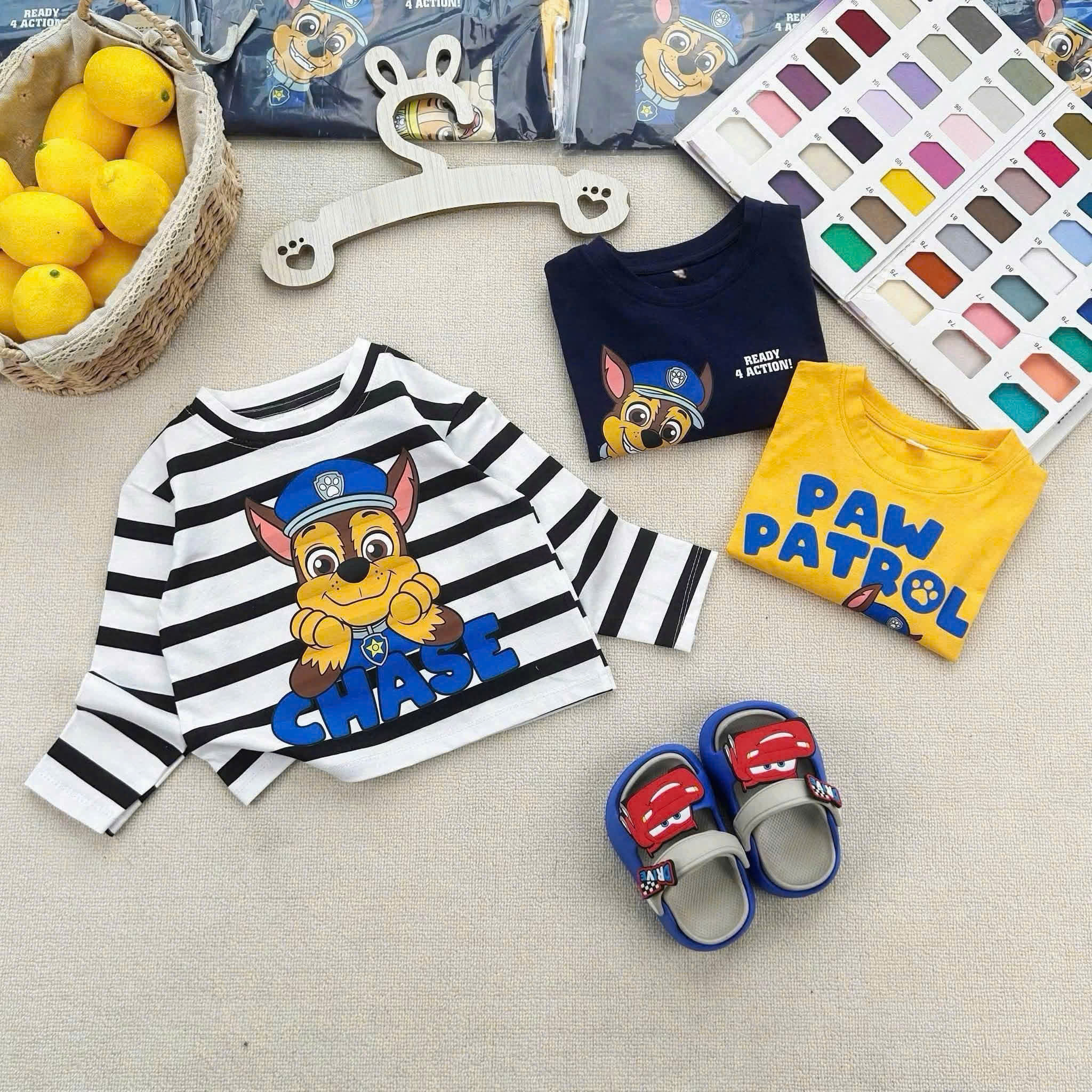 (chờ) AB940 - SET 3 ÁO BÉ TRAI DÀI TAY CHÓ PAW PATROL đen vàng kẻ