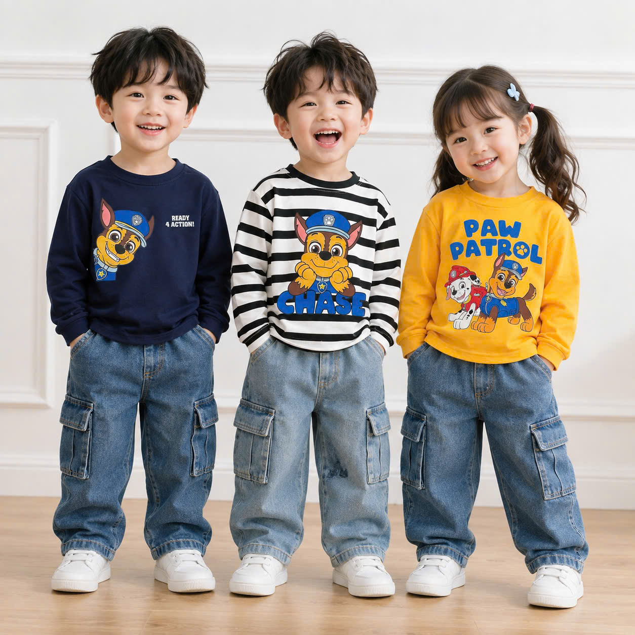 (chờ) AB940 - SET 3 ÁO BÉ TRAI DÀI TAY CHÓ PAW PATROL đen vàng kẻ