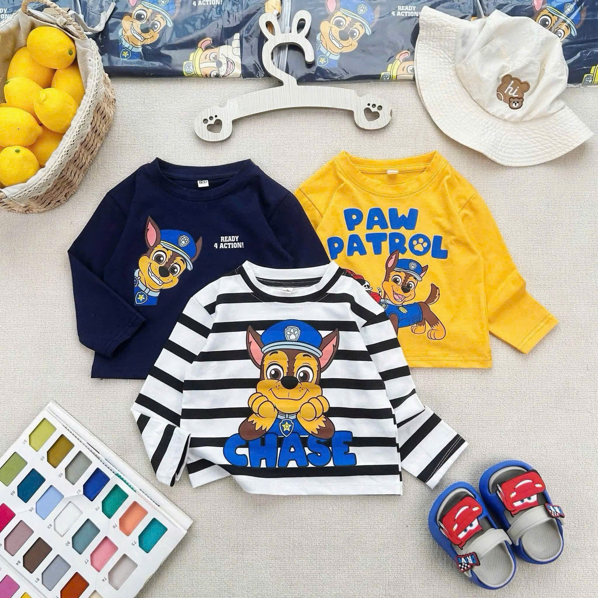 (chờ) AB940 - SET 3 ÁO BÉ TRAI DÀI TAY CHÓ PAW PATROL đen vàng kẻ