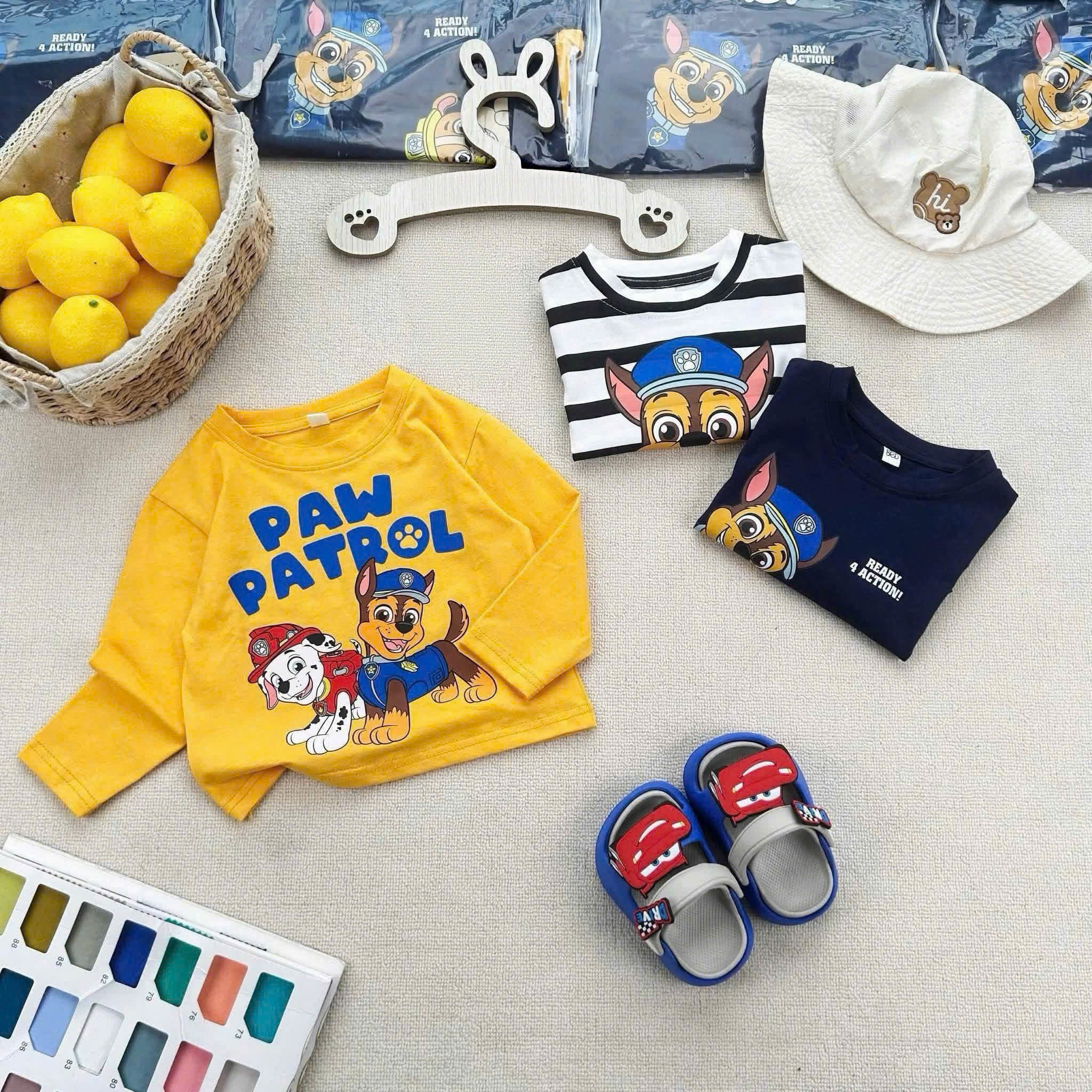 (chờ) AB940 - SET 3 ÁO BÉ TRAI DÀI TAY CHÓ PAW PATROL đen vàng kẻ