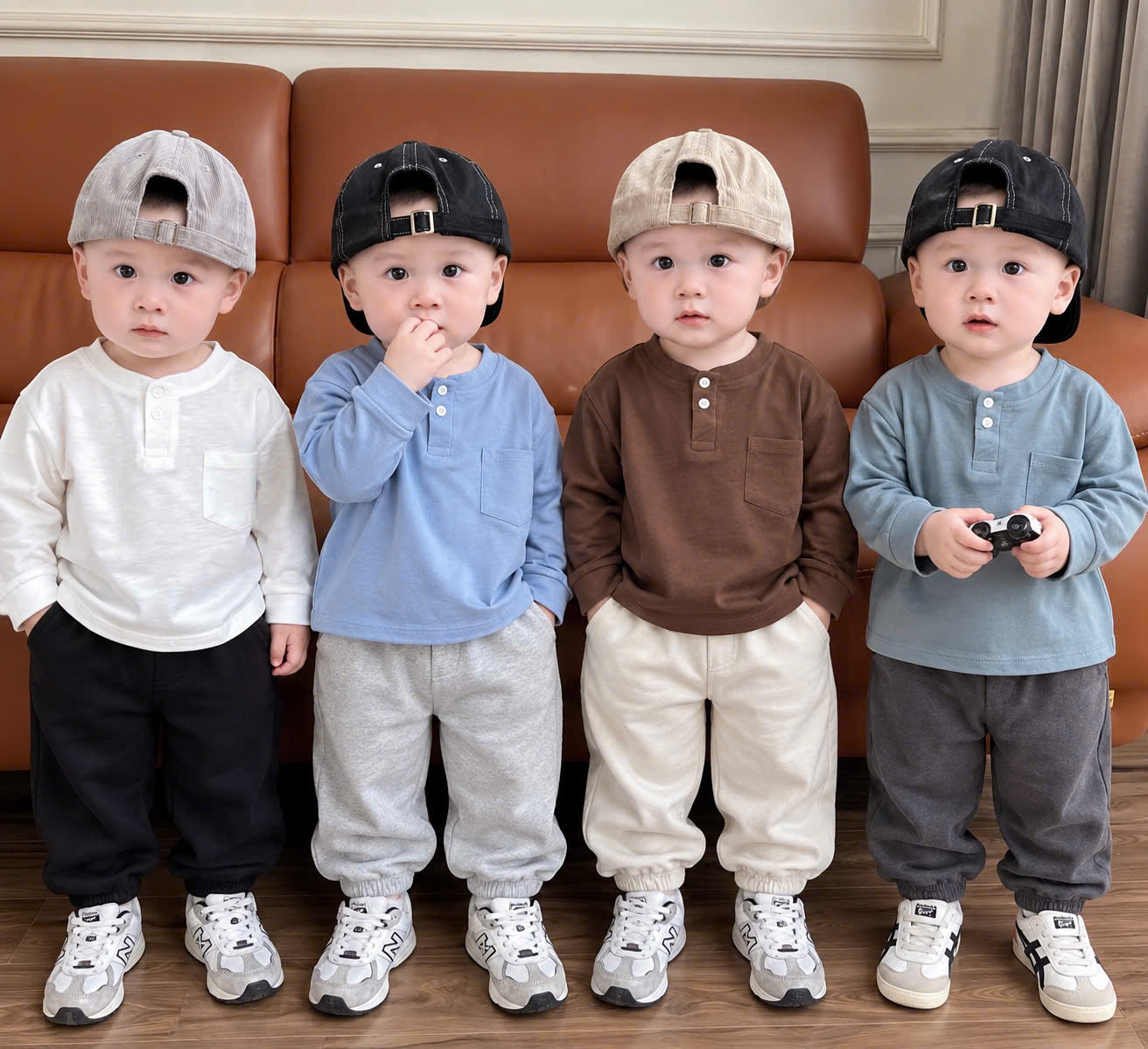 (chờ) AB957 - SET 4 ÁO BÉ TRAI XƯỢC DÀI TAY CỔ TÀU TÚI NGỰC nâu xanh trắng