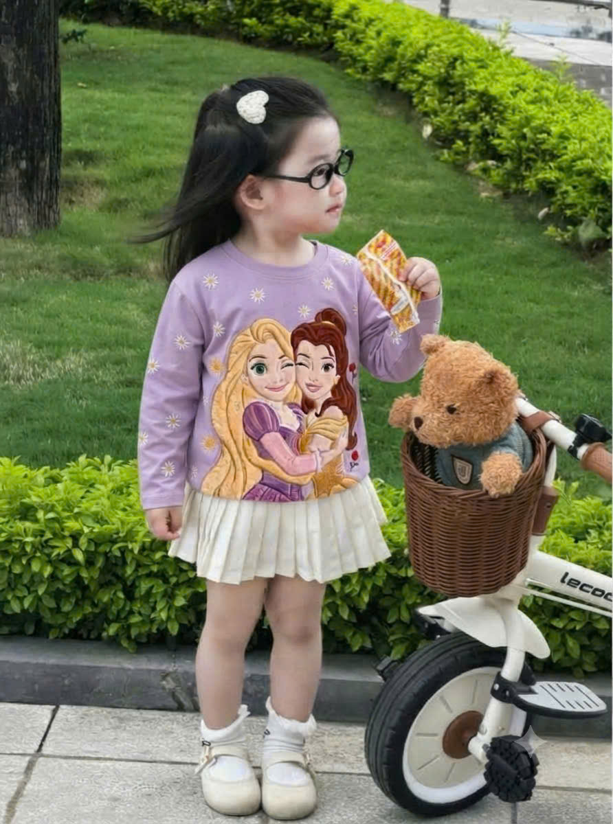AB981 - SET 3 ÁO BÉ GÁI DÀI TAY COTTON CÔNG CHÚA xanh tím hồng