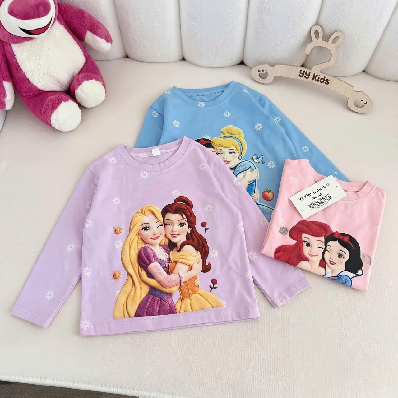 AB981 - SET 3 ÁO BÉ GÁI DÀI TAY COTTON CÔNG CHÚA xanh tím hồng