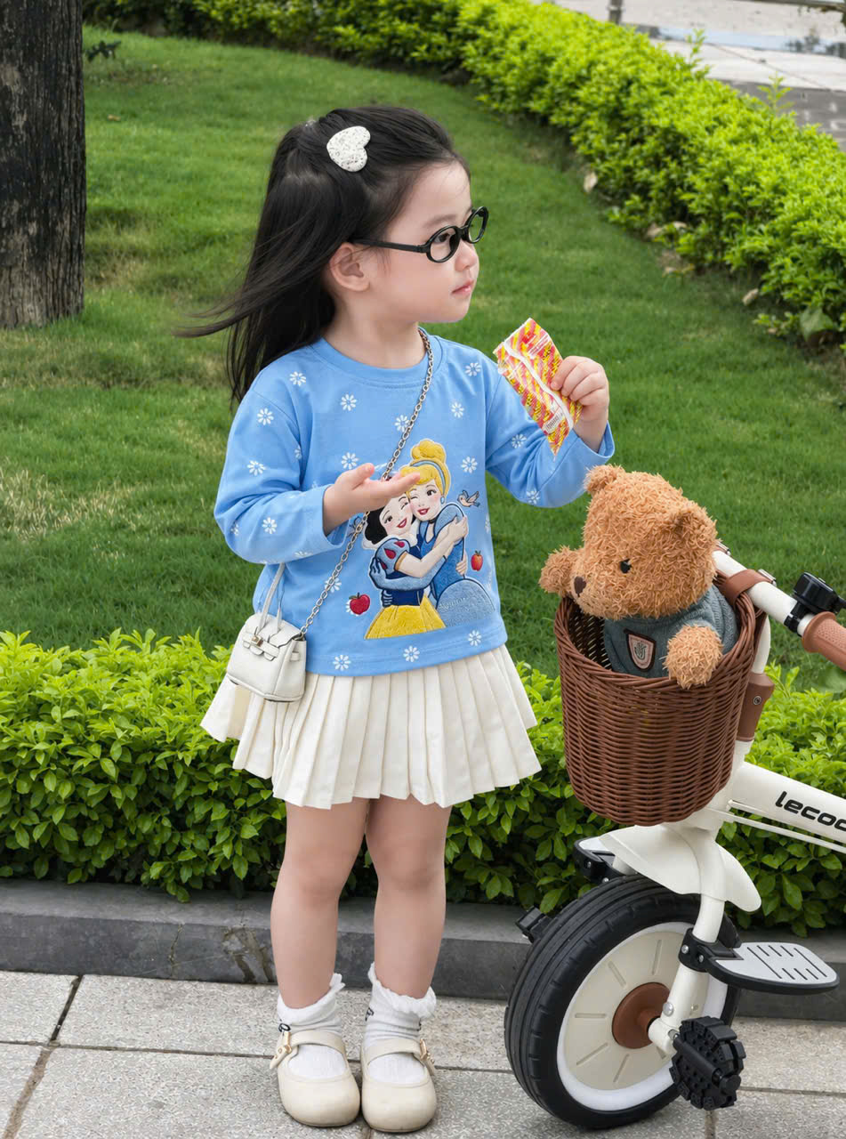 AB981 - SET 3 ÁO BÉ GÁI DÀI TAY COTTON CÔNG CHÚA xanh tím hồng